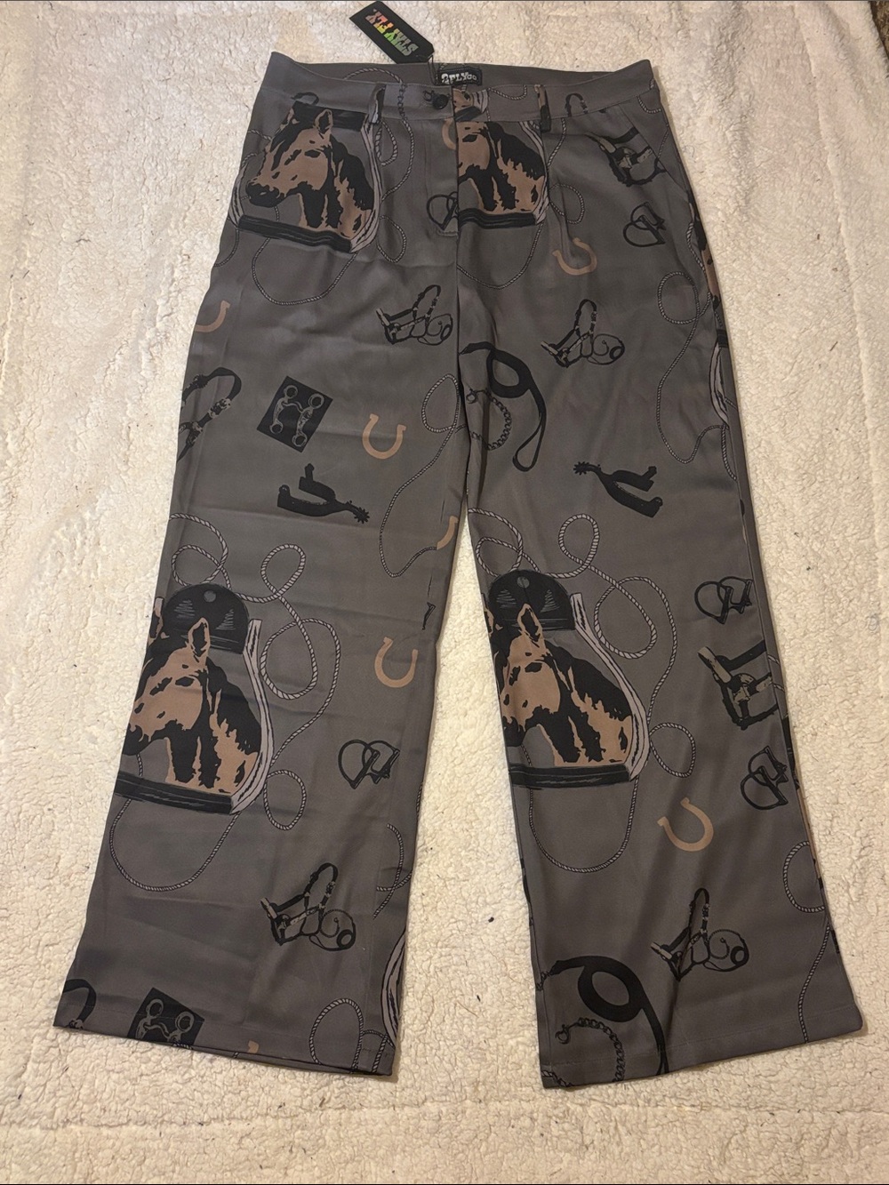 Wide-Leg Horse Print Pants in Gray & Tan 2X